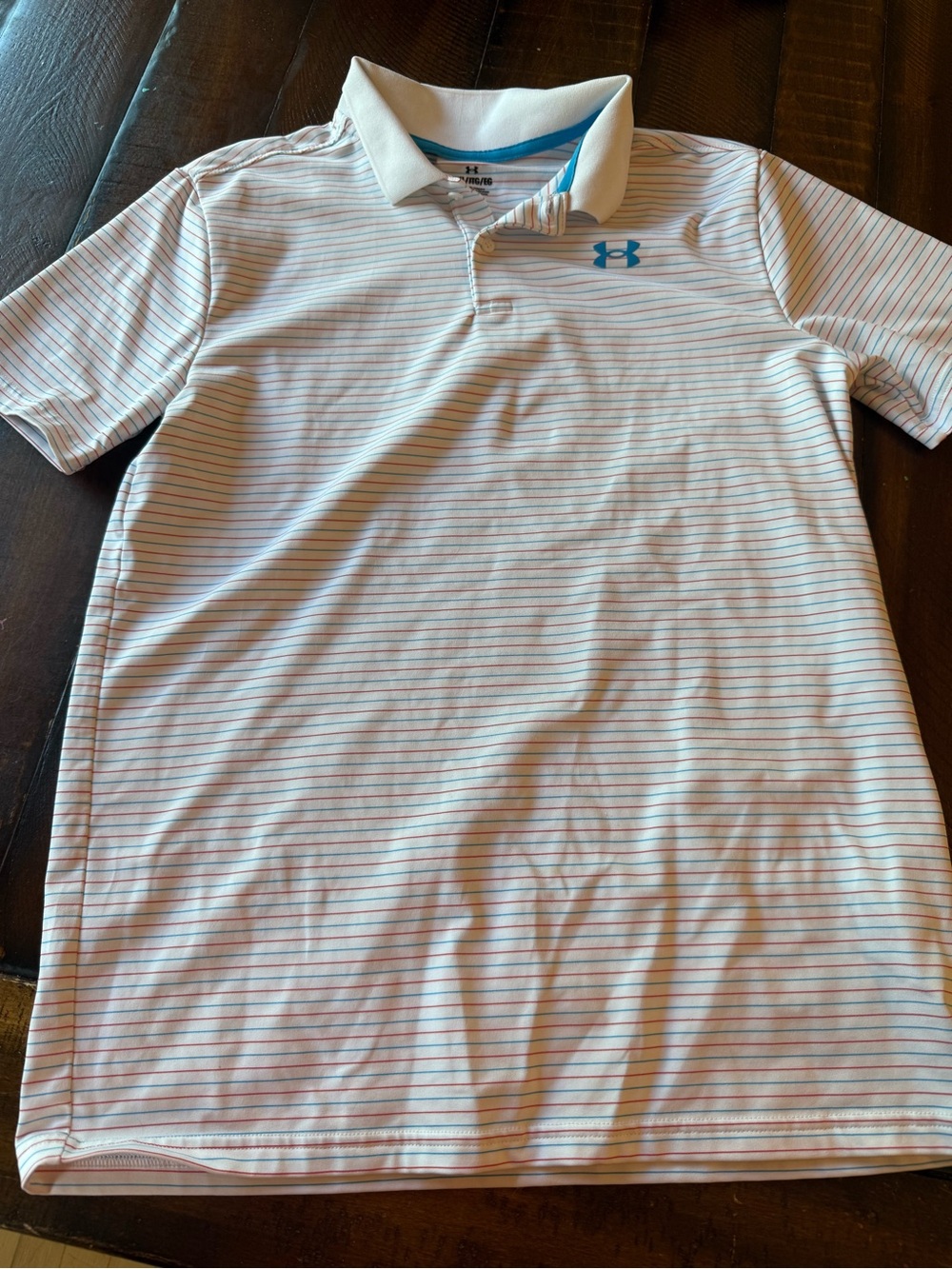 Under Armour kid’s White Polo Shirt with Thin Blue & Red Stripes